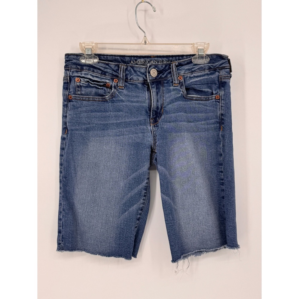 American Eagle Denim Shorts Womens 8 Blue Good Raw Hem Stretch Mid Rise 3327
